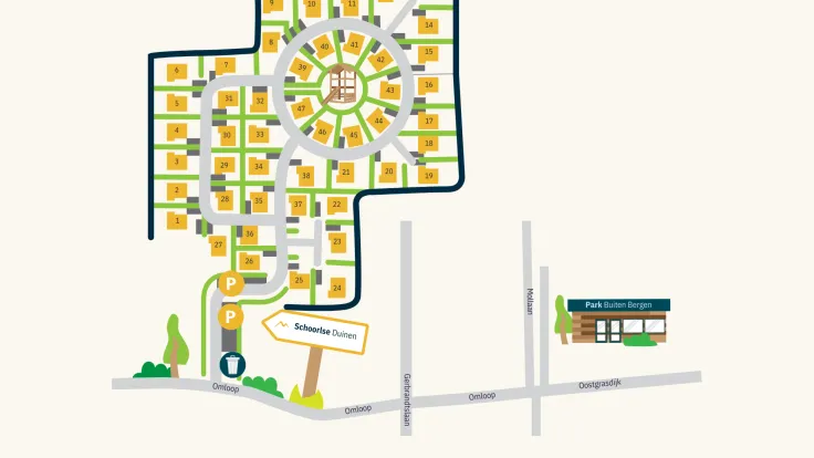 Plattegrond van bungalowpark de Schoorlse Duinen met de wegen en woningen